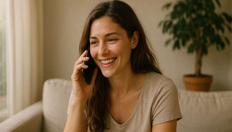 Femme souriante en pleine conversation téléphonique avec un voyant.