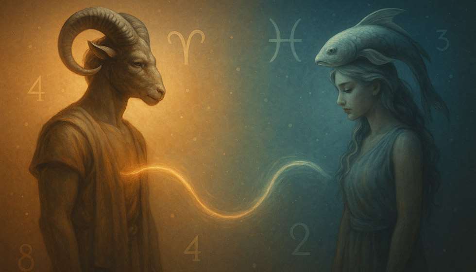 Illustration d’un duo astrologique contrasté (par ex. Bélier et Poissons) avec un fil symbolique les reliant