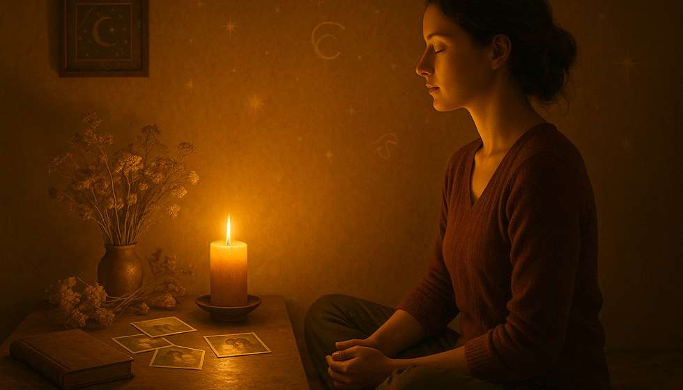 Femme méditant devant une bougie, entourée de photos souvenirs et de fleurs séchées, symbolisant l’amour enraciné dans l’émotion.