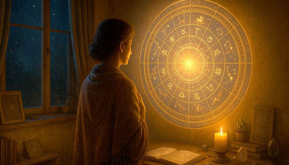 Un personnage debout devant sa carte du ciel, entouré de lumière, représentant l’éveil de la confiance par la compréhension de soi.