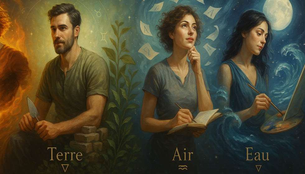 Illustration des quatre éléments astrologiques (Feu, Terre, Air, Eau) liés à différents métiers.