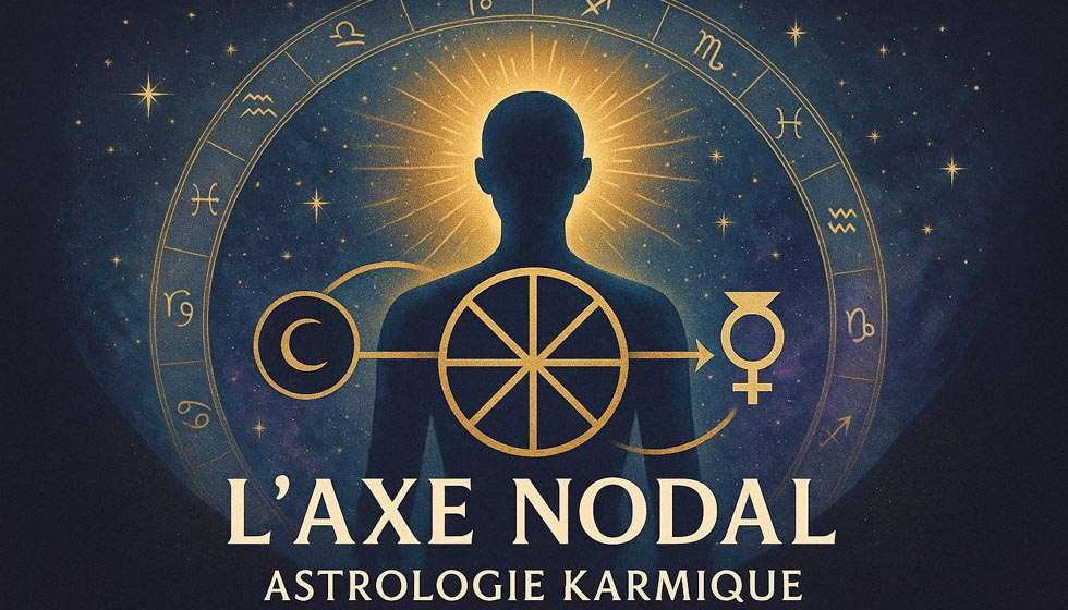 Illustration symbolique de la transformation personnelle à travers l’axe nodal en astrologie karmique