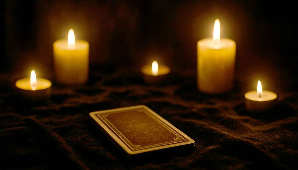 Une carte de tarot retournée sur une nappe sombre, entourée de bougies, dans une atmosphère silencieuse.