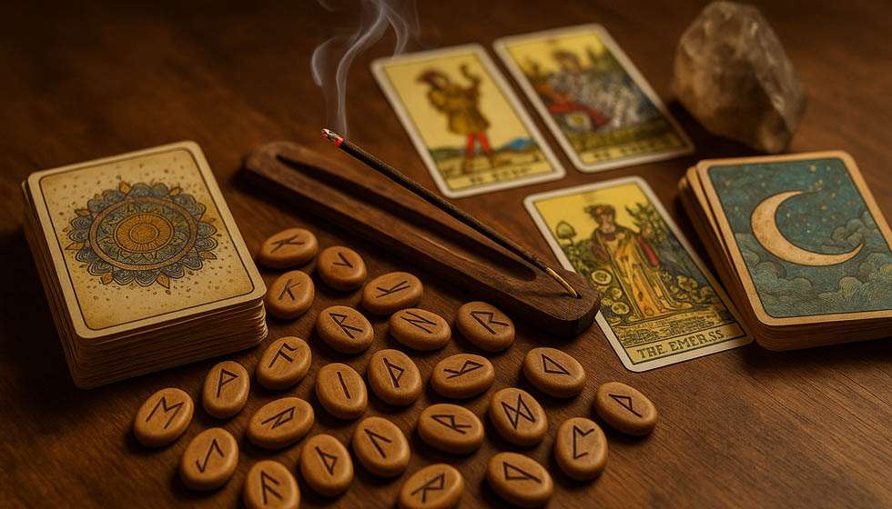 Collection d’oracles et de runes posés sur une table avec encens allumé