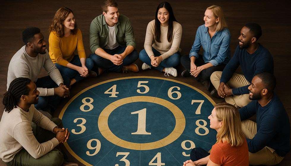 Personnes en cercle avec les chiffres de 1 à 9 autour, illustrant les profils numérologiques