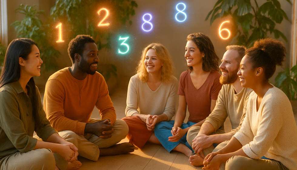 Personnes en cercle avec les chiffres de 1 à 9 autour, illustrant les profils numérologiques