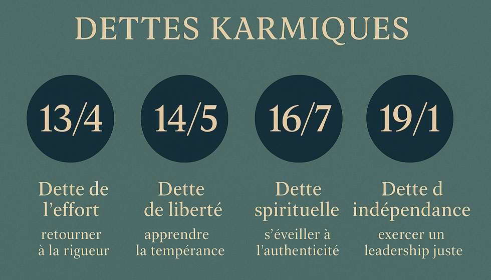 Schéma de calcul du chemin de vie mettant en évidence les nombres karmiques 13, 14, 16 et 19