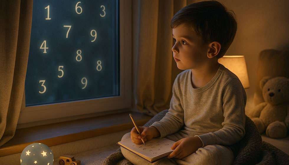 Enfant regardant les étoiles avec des chiffres symboliques flottants autour de lui