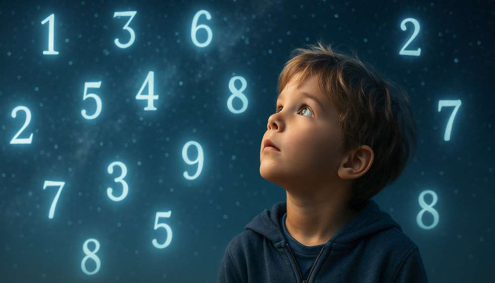Enfant regardant les étoiles avec des chiffres symboliques flottants autour de lui