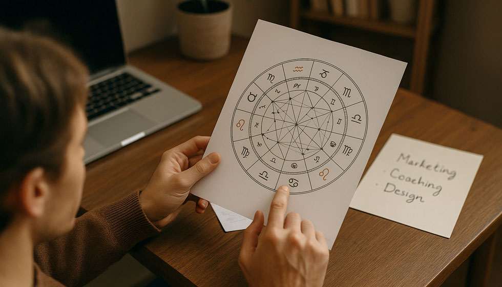 Personne consultant son thème astral pour choisir une orientation professionnelle