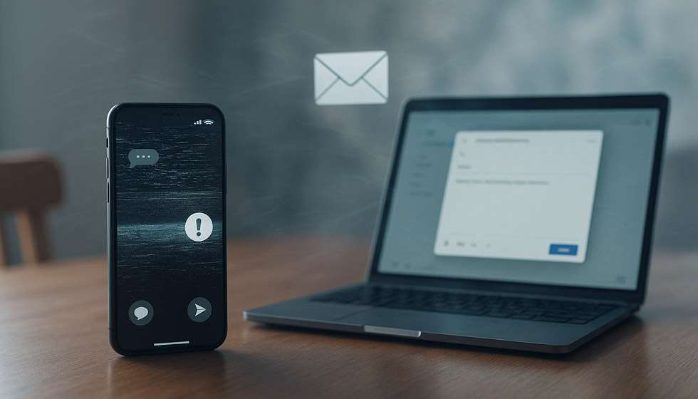 Téléphone portable, courriel et signal brouillé illustrant les difficultés de communication sous Mercure rétrograde.