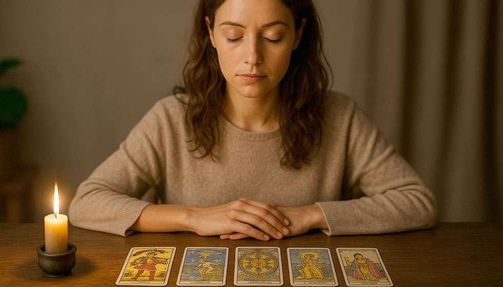 Femme concentrée devant un tirage de tarot, yeux fermés, dans une atmosphère apaisée.
