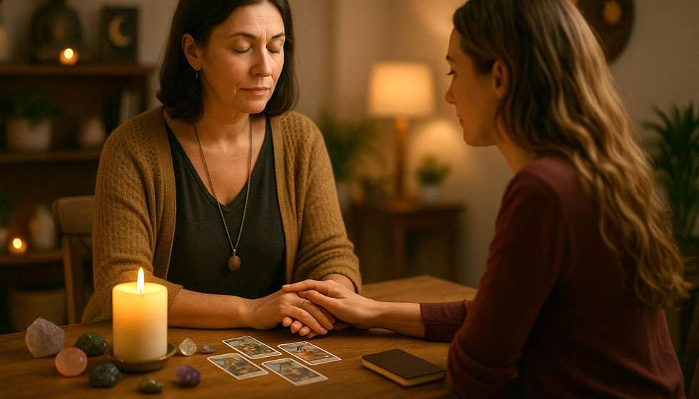 Médium en consultation avec une cliente, ambiance paisible et spirituelle.