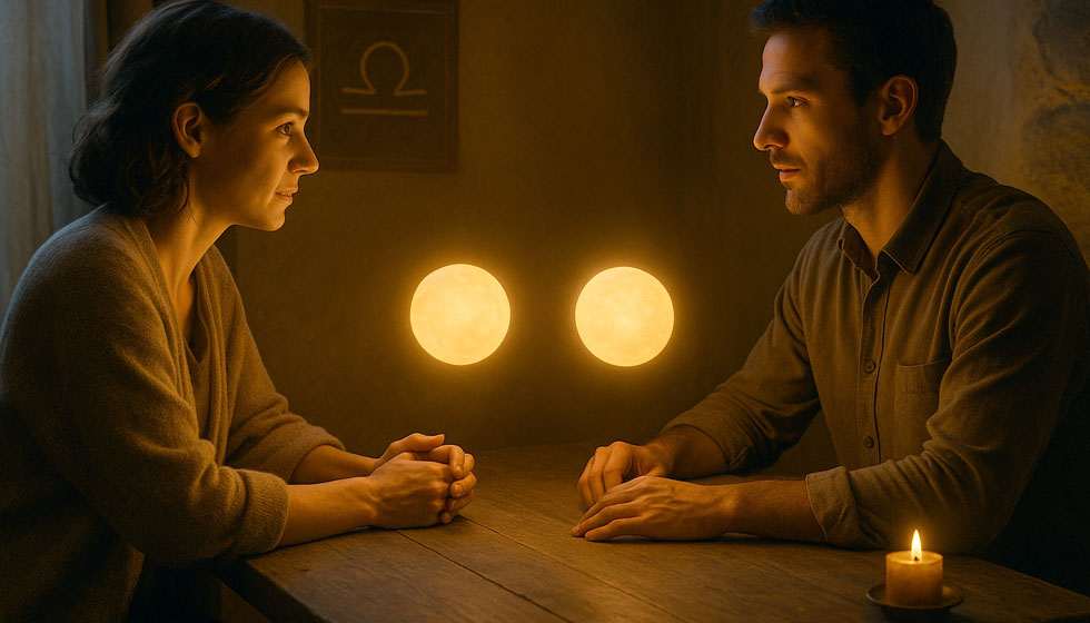 Deux silhouettes discutant calmement autour d’une table, avec des sphères de lumière équilibrées entre elles.