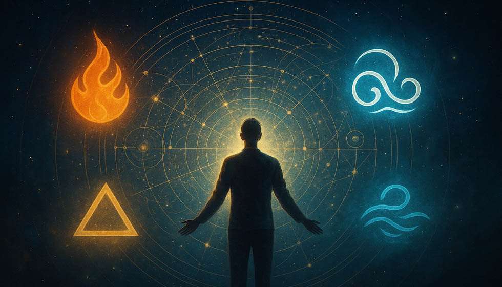 Quatre silhouettes stylisées alignées avec les symboles des éléments astrologiques, chacune illustrant une posture de confiance différente