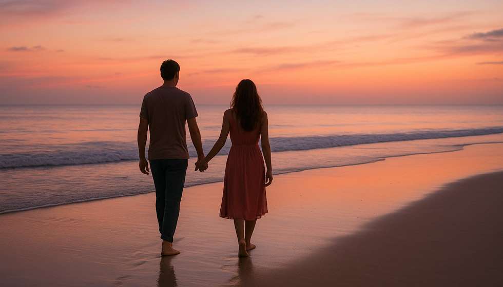 Couple main dans la main, marchant sur une plage au crépuscule, ambiance chaleureuse et intime.