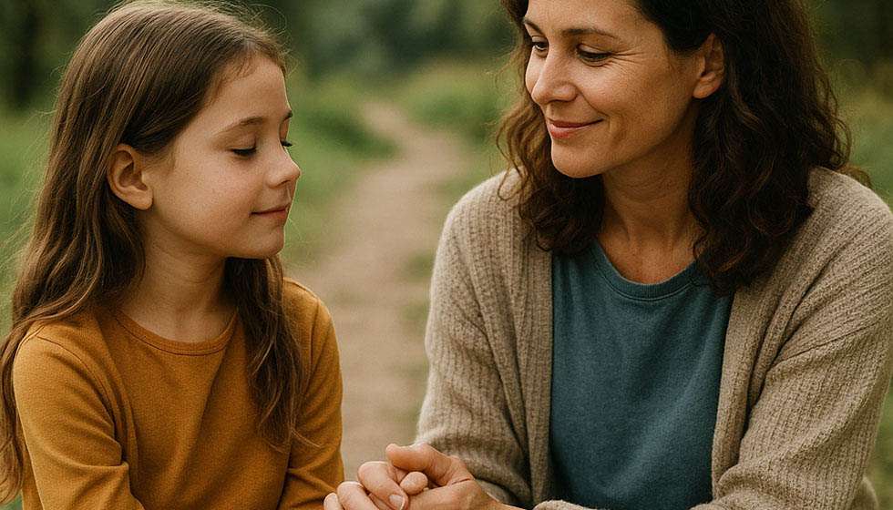 Parent et enfant échangeant en douceur, main dans la main, dans un cadre naturel et paisible