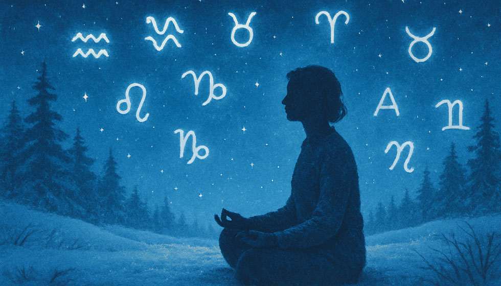 Personne méditant sous un ciel étoilé d’hiver, symbolisant l’introspection saisonnière