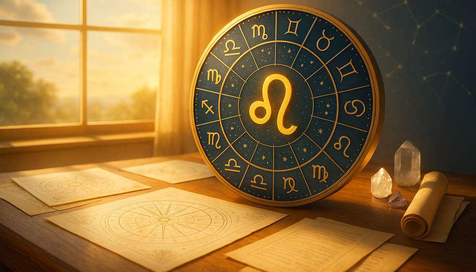 Roue zodiacale colorée avec surbrillance sur le Lion, entourée de symboles des 12 signes.