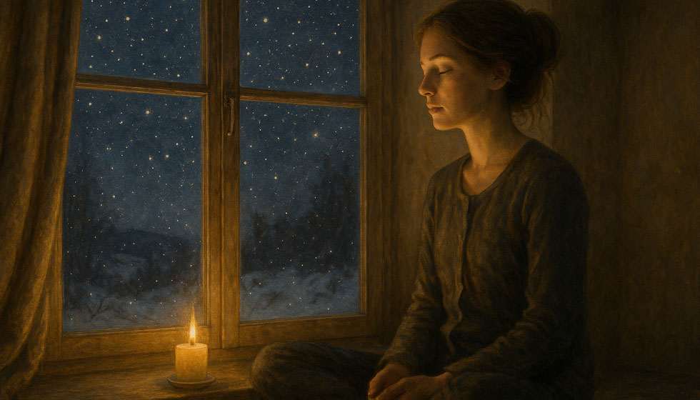 Personne méditant sous un ciel étoilé d’hiver, évoquant l’introspection saisonnière en astrologie.