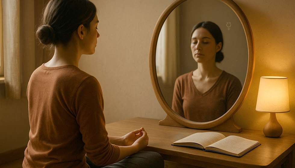 Personne méditant face à un miroir ou carnet, dans une ambiance apaisante, symbolisant l’introspection sous Mercure rétrograde.