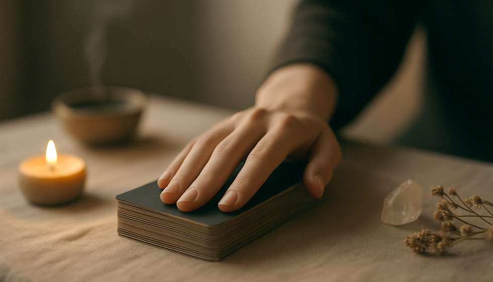 Une main posée sur un jeu de tarot fermé, dans une ambiance méditative et calme.