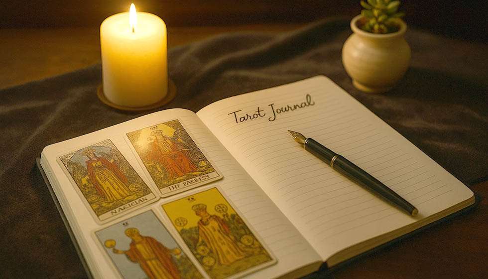 Main féminine écrivant dans un carnet à côté de cartes de tarot étalées, avec des cristaux et de l’encens