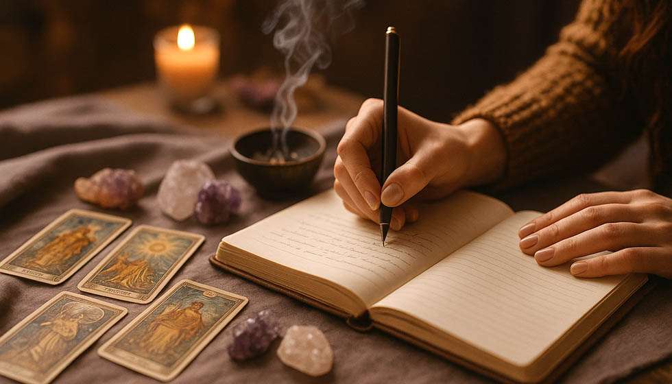 Main féminine écrivant dans un carnet à côté de cartes de tarot étalées, avec des cristaux et de l’encens.