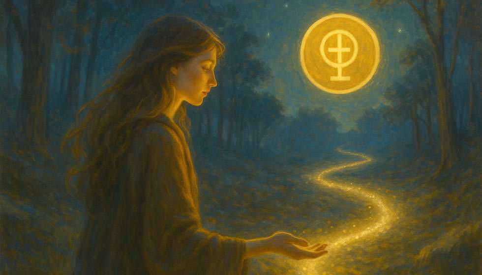Illustration symbolique d'une femme devant un chemin du point de fortune en thème astrologique