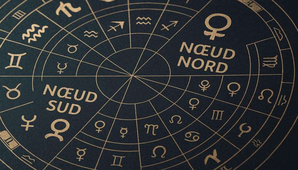 Carte astrologique mettant en évidence les positions du Nœud Nord et du Nœud Sud dans un thème natal