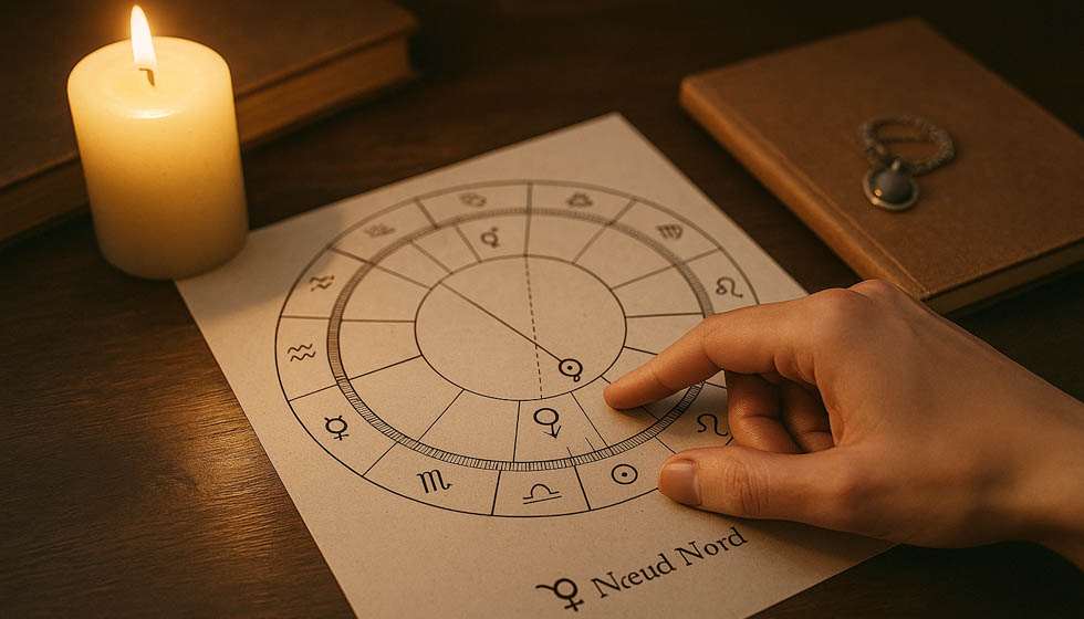Carte astrologique mettant en évidence les positions du Nœud Nord et du Nœud Sud dans un thème natal