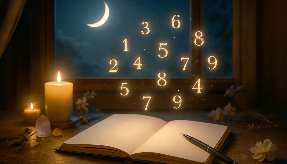 Cahier d'intentions sous une nouvelle lune brillante, avec symboles numériques.
