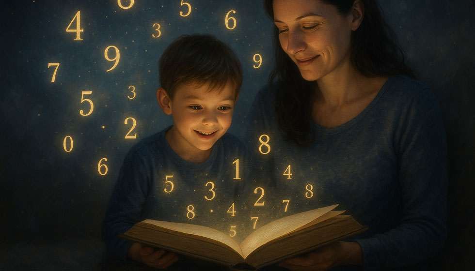 Parent et enfant lisant ensemble un livre illustré de symboles numériques