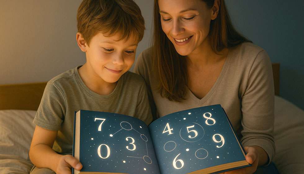 Parent et enfant lisant ensemble un livre illustré de symboles numériques
