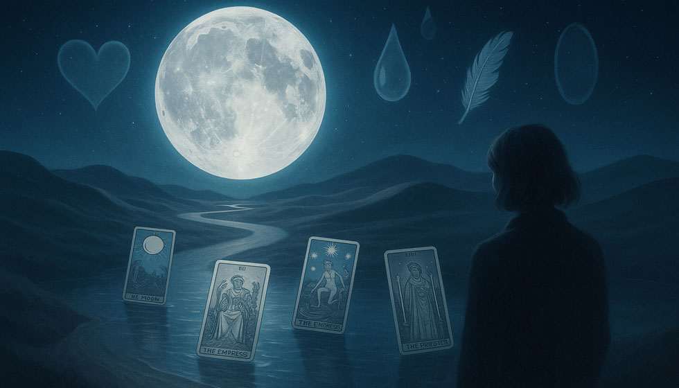 Illustration de la pleine lune illuminant un paysage intérieur symbolique