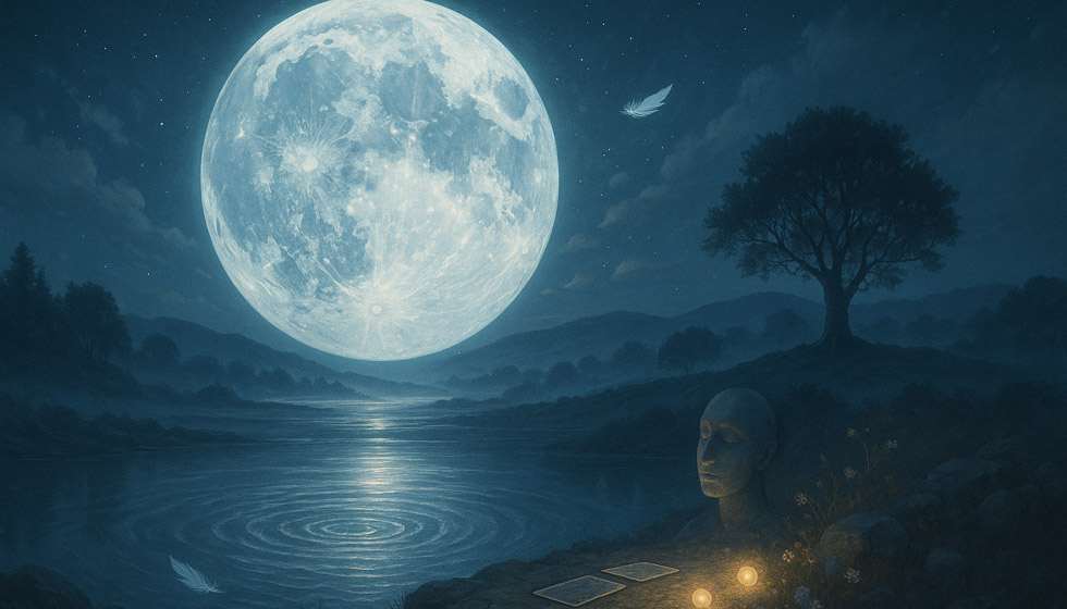 Illustration de la pleine lune illuminant un paysage intérieur symbolique.