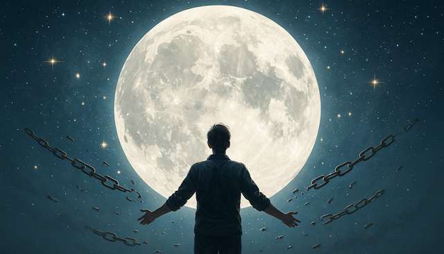 Grande Pleine Lune dans un ciel nocturne, entourée d’éclats stellaires, symbolisant l’éveil et la libération personnelle