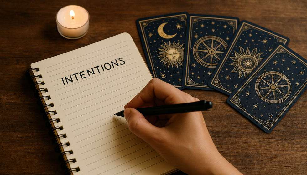 Carnet ouvert avec une main écrivant des intentions avant un tirage de cartes