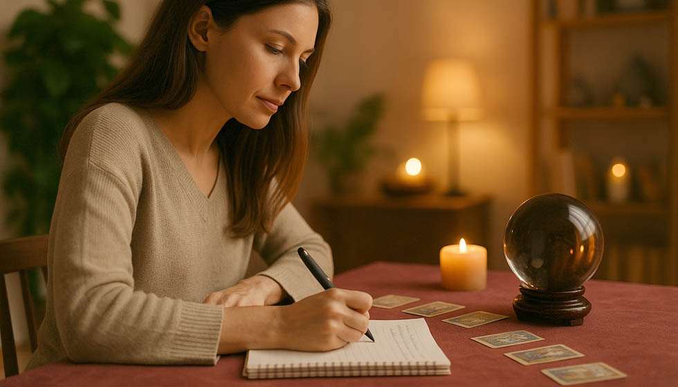 Femme concentrée préparant des questions avant une séance de voyance dans un cabinet chaleureux