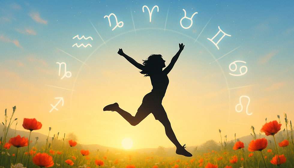 Silhouette sautant dans un champ fleuri sous un ciel printanier avec signes astrologiques