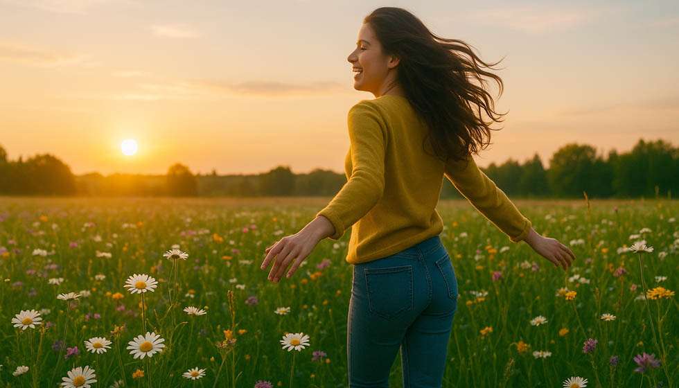 Une silhouette en mouvement dans un champ fleuri au lever du soleil, symbolisant l’énergie du printemps en astrologie.