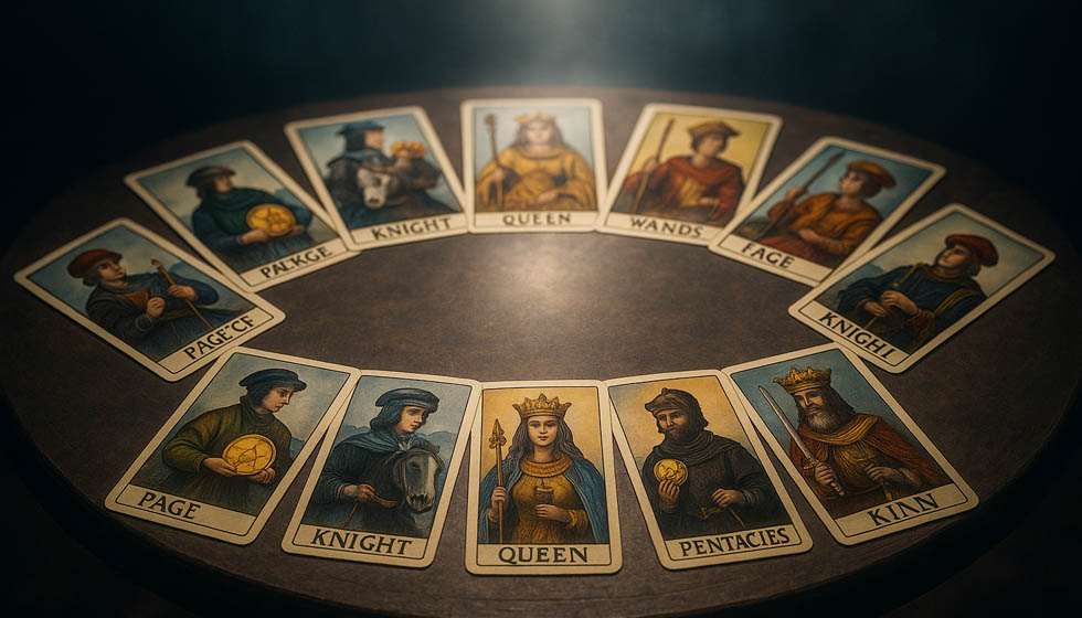 Gros plan sur des cartes de cour du tarot illustrant les figures des arcanes mineurs