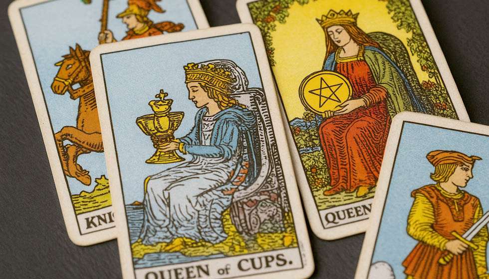 Gros plan sur des cartes de cour du tarot illustrant les figures des arcanes mineurs.