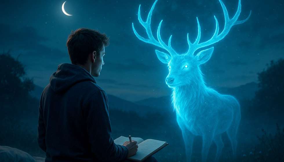 Personnage rêveur face à un animal totem lumineux dans un paysage onirique.