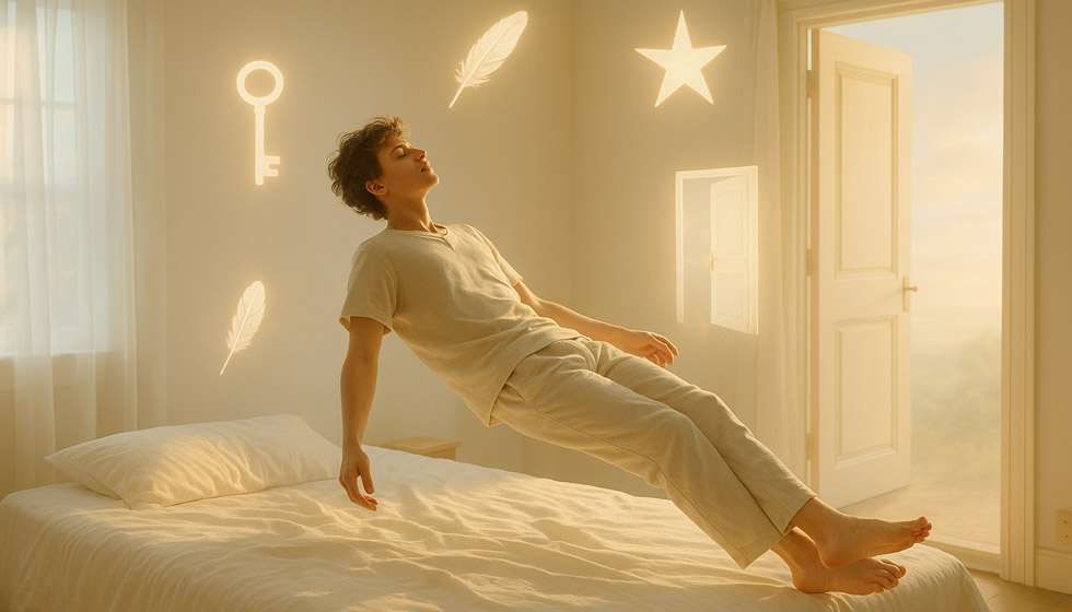 Personne endormie flottant dans un univers onirique avec des symboles lumineux et des portes ouvertes