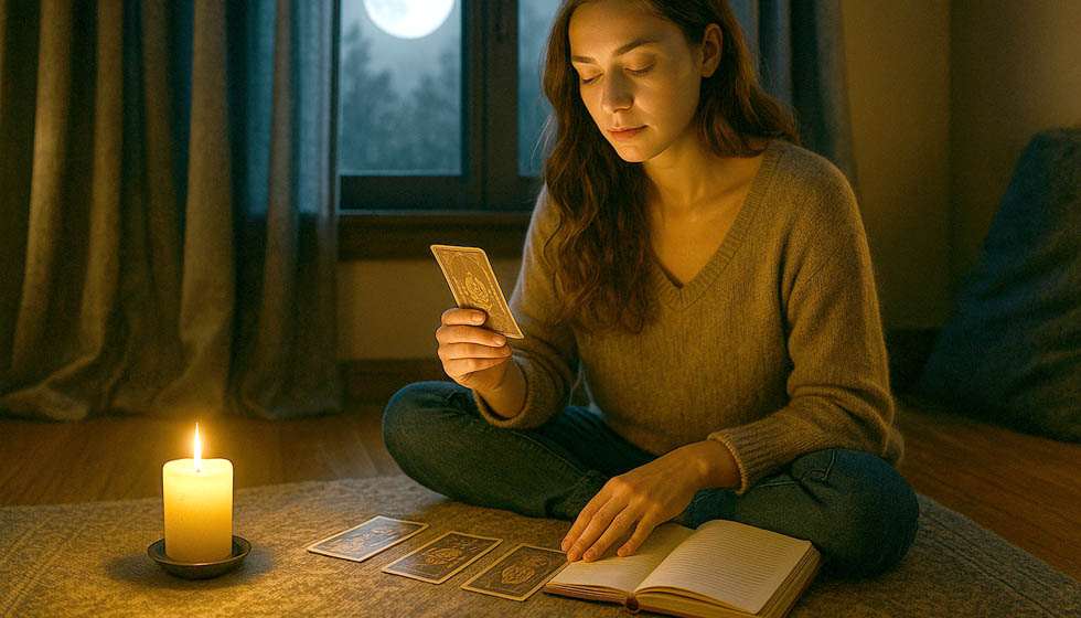 Femme tirant les cartes dans une ambiance lunaire pour un rituel de pleine lune