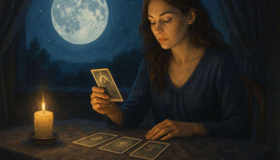 Femme tirant les cartes dans une ambiance lunaire pour un rituel de pleine lune.