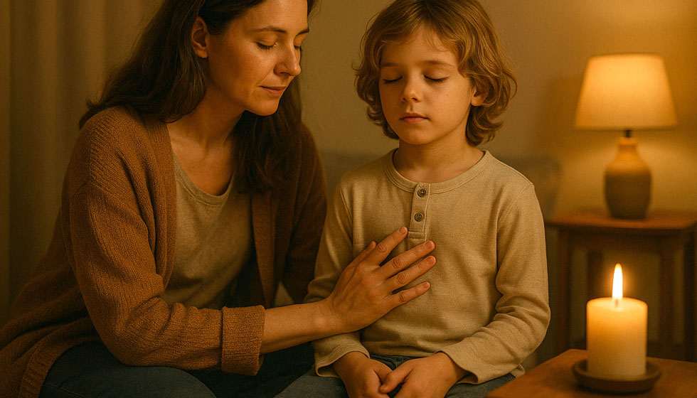 Scène d’un parent guidant un enfant dans un rituel de bien-être, lumière douce et ambiance rassurante.