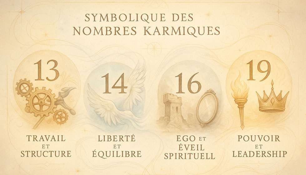Représentation graphique des dettes karmiques en numérologie avec explications symboliques.