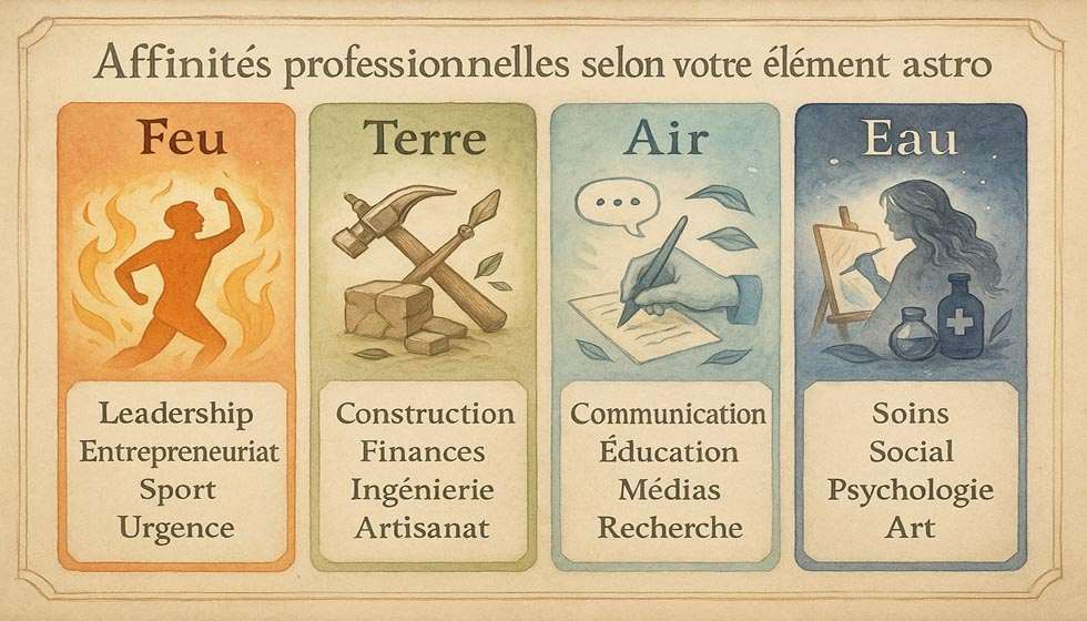 Tableau comparatif des éléments astrologiques et des secteurs professionnels correspondants.